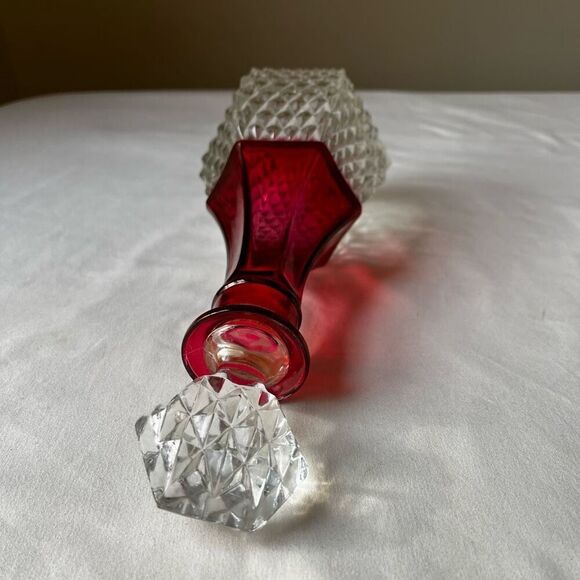 Vintage Ruby Red Diamond Point Glass Decanter with Stopper 12" Barware - Picture 11 of 12